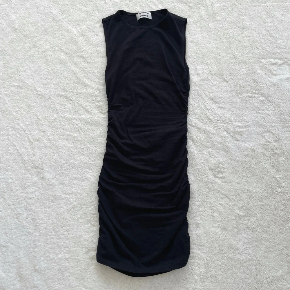 Reformation Jeans Black Ruched Sleeveless Bodycon Mini Dress XS Organic Cotton